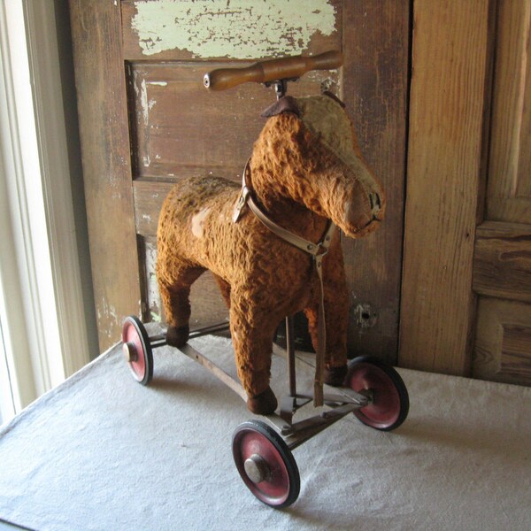 Antique Ride On Toy, Tin Wheels, Steerable Stuffed Horse or Dog, Edwardian Child