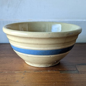 Antique 6&quot; Watt Blue Banded Stoneware Bowl, Small Gold N Bake Watt Ware Mixing Bowl, Blue & White Stripes