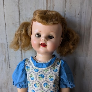 Saucy Walker Ideal Doll, 22&quot; Tall, Vintage 1950&#39;s, Tummy Grill, Pin Jointed Body, Strawberry Blonde Pigtails, Open Mouth, Sunken Eyes, TLC