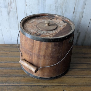Large Unusual Bucket with Small Lid, 12&quot; Tall, 3 1/2&quot; Top Opening, Vintage Primitive Wood Container with Handle