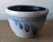 Rowe Pottery Bowl, 4 quot Tall, Cobalt Blue Leaf, Salt Glazed Gray, Vintage 1991, Handmade