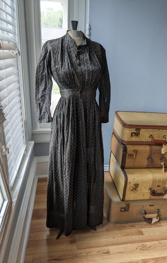 Early 1900's Women's Black Print Dress, Handmade, 