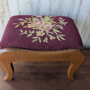 Vintage Upholstered Foot Stool, Curved Legs, Needlepoint Fabric, Burgundy Floral