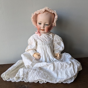 Antique Bisque & Composition Baby Doll, 17&quot; Tall, German, Bent Limbs, Beautiful Antique Handmade Christening Gown