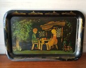 Antique Tole Painted Tray, Children, Outdoor Cottage in Woods, Folk Art, Gold Leaf Signature