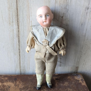 Little German Bisque Head Doll, 5&quot; Tall, Original Boy Sailor Clothes, Jointed Composition Body, Marked, Blue Eyes, Antique
