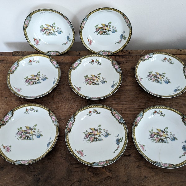 Eight Noritake "Pheasant" Fruit Bowls, Small 5" China Bowls, Japanese Porcelain Dinnerware, 1920's