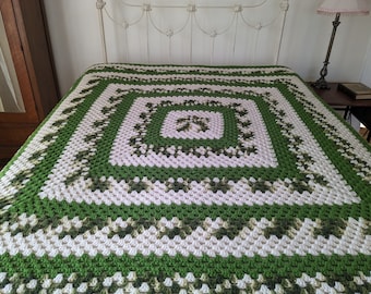 Vintage Green & White Crocheted Afghan, Handmade Throw Blanket, Large Square