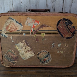 Vintage American Tourister Suitcase Travel Stickers, Striped Luggage, Brown with Gold, 1930&#39;s, Nice Size, 18&quot; x 13&quot; x 7&quot;