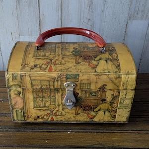 Anton Pieck Decoupage Wood Box Purse, Striped Lucite Handle, European Village Scene, Dutch, Vintage 1960s - 70&#39;s