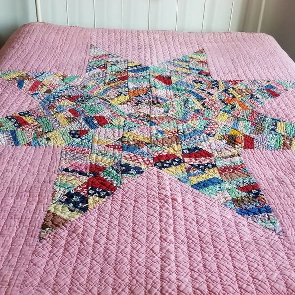 Beautiful Lone Star Quilt, Vintage, Sugar & Flour Sack Prints, Colorful, Pink Quilted Blanket Bedspread