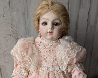 Vintage 14&quot; Doll, Bru Jne Repro Bisque Head, Composition Body, Handmade by Nancy Horner 1987,  Beautiful Custom Clothing, Pink Lace & Pearls