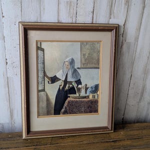 Vintage Druck "Junge Frau mit Wasserkrug" von Johannes Vermeer, Holländischer Maler, gerahmt & mattiert unter Glas, 40 cm x 33 cm"
