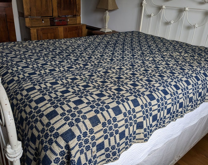 Antique Woven Coverlet, Nine Snowballs Pattern, Blue & Ecru, Large