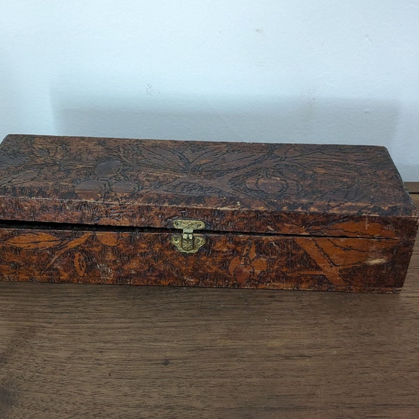 Carved Wood Box, Rectangular Hinged Storage Box, Pencil, Pen, Ink Storage Container