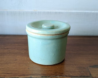 Little Green 2 1/2" Crock with Lid, Vintage Antique Small Canister Jar