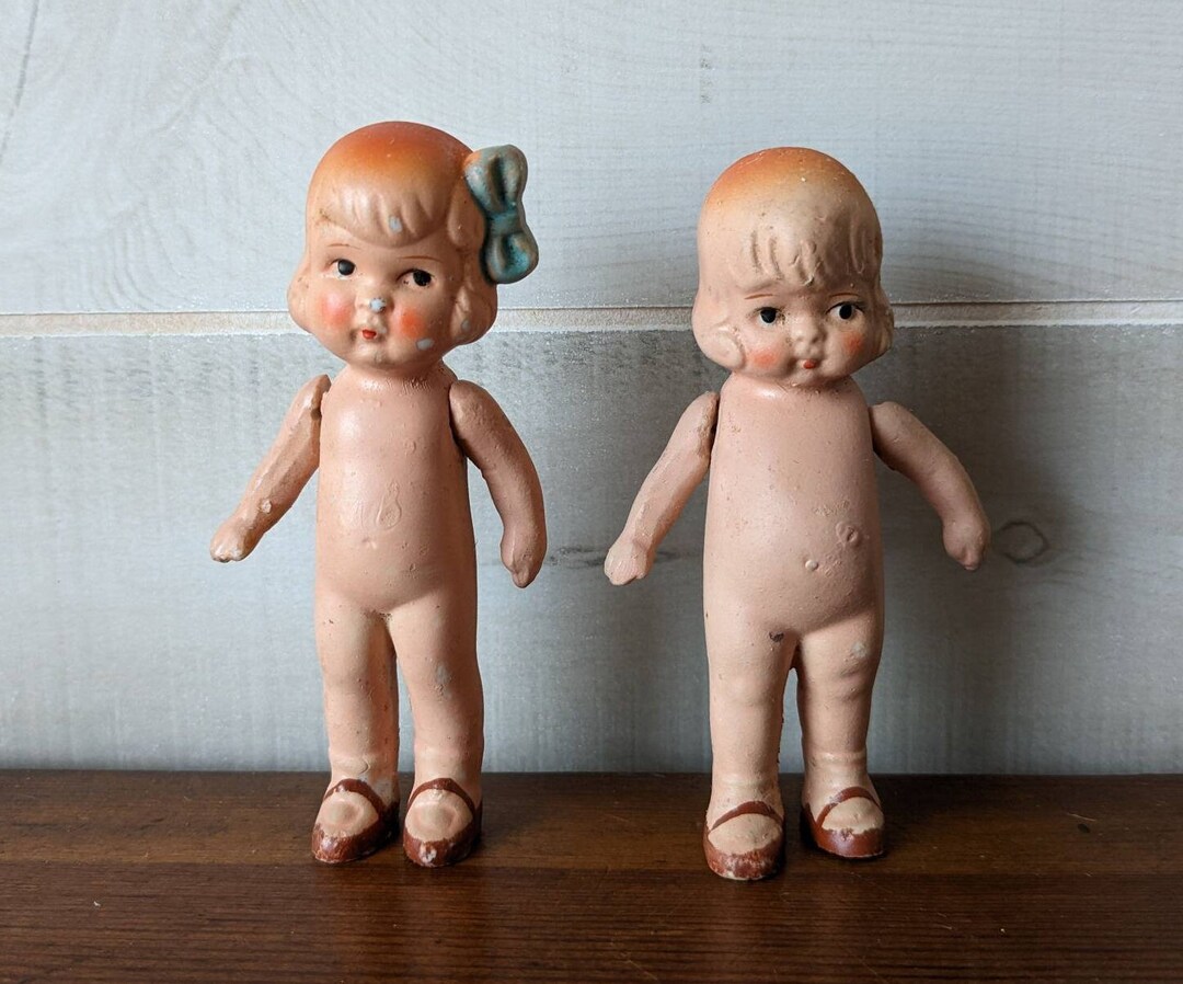Two Cute Little Bisque Dolls, Japan, Bundle Vintage Jointed Dollhouse
