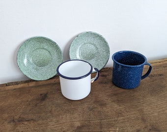 Enamel Mugs & Spring Green Speckled Saucers, Vintage Enamelware Bundle, Blue Cup, White Mug Marked Poland