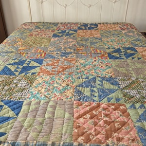 Farmhouse Quilt, Bear Paw Variation, Hand Sewn and Hand Quilted Blanket, Flour & Sugar Sack Prints, Antique Bed Cover