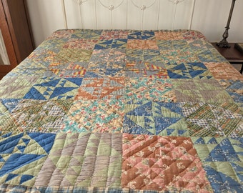 Farmhouse Quilt, Bear Paw Variation, Hand Sewn and Hand Quilted Blanket, Flour & Sugar Sack Prints, Antique Bed Cover