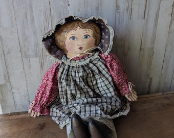 Ręcznie robiona i sygnowana lalka z tkaniny, malowana olejem, 21 cali, vintage'owa metka Donny Carstens, „Abigail”