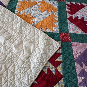 Vintage Handmade Quilt, Bear Paw Variation, Hand Sewn and Hand Quilted Blanket, 1950's Bed Cover image 5