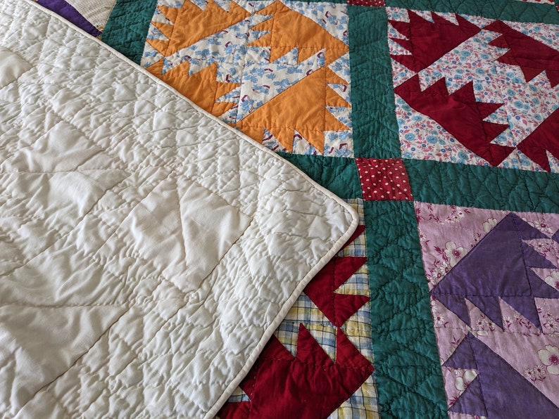 Vintage Handmade Quilt, Bear Paw Variation, Hand Sewn and Hand Quilted Blanket, 1950's Bed Cover image 5