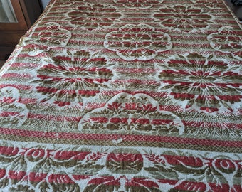 Antique Woven Coverlet or Rug, Flower Design Red, Tan, Ivory, Loomed Blanket, Damaged