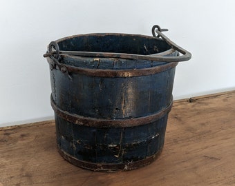 Heavy Blue Wood Bucket with Iron Handle and Bands, Large Primitive Pail, 10 1/2" Tall Antique Container