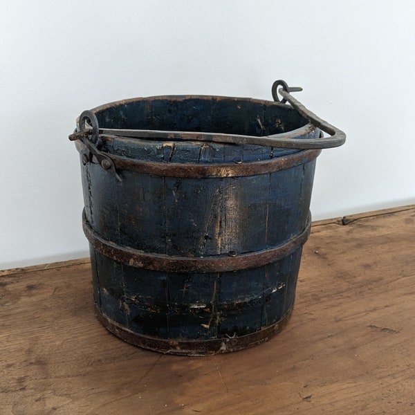 Heavy Blue Wood Bucket with Iron Handle and Bands, Large Primitive Pail, 10 1/2" Tall Antique Container