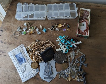 Bundle Vintage Jewelry, Pearls, Antique Beads, Religious Necklaces, Earrings, Pendants, Rosaries, Medallions, Medals