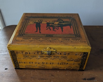 Vintage Wood Box, Music Decoupage, Benefit Bazaar, "The Little Genius" Pianist Violinist Recital Performance, Children's Home Society