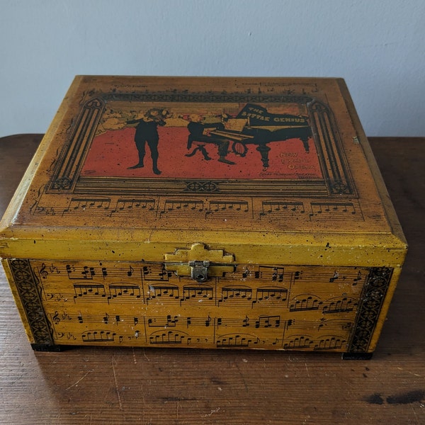 Vintage Wood Box, Music Decoupage, Benefit Bazaar, "The Little Genius" Pianist Violinist Recital Performance, Children's Home Society