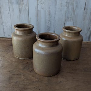 Three French Mustard Crocks, Small 4 1/2" Brown Stoneware Pots, Vintage