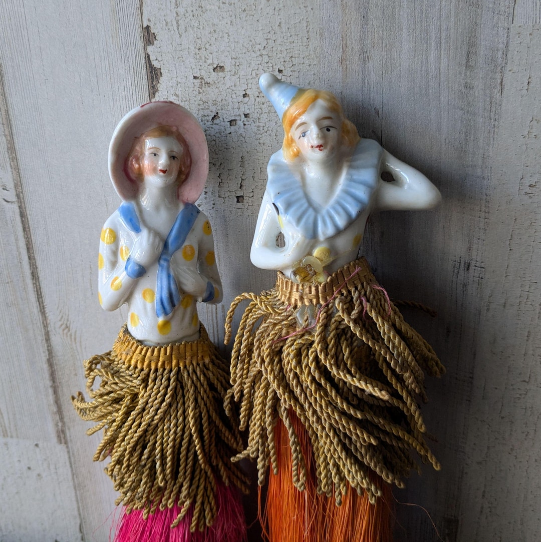Two Vintage Half Lady Brush Dolls, Clown Porcelain Whisk Broom Clothing ...