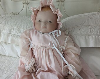 Sweet Putnam Baby Doll, "Sarah", 18" Tall, Vintage Handmade, "For Meredith from Grandma", Beautiful Pink Christening Gown