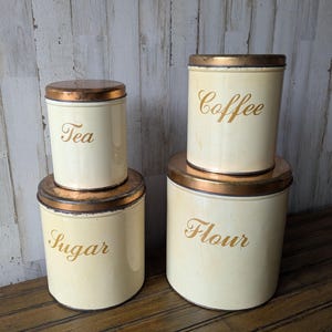 Vintage Decoware Four Canister Set, Flour, Sugar, Coffee, Tea, 1950s Retro Kitchen Storage Pantry Containers, Metal, Tin