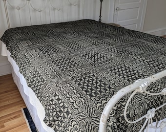 Beautiful Black & Ivory Woven Coverlet, Large Antique Blanket, Starflower, Squares