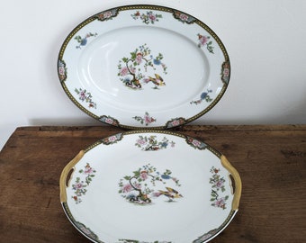 Two Noritake "Pheasant" Platters, Oval & Round Serving Plates, Japanese Porcelain Dinnerware China Pieces, 1920's