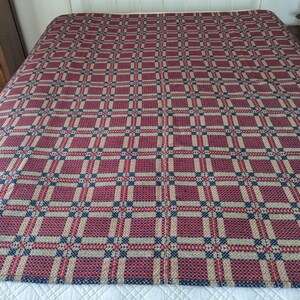 May include: A woven blanket with a plaid pattern in shades of red, navy blue, and beige. The blanket is spread across a bed, showcasing its intricate design and texture. The pattern is a grid of intersecting lines.