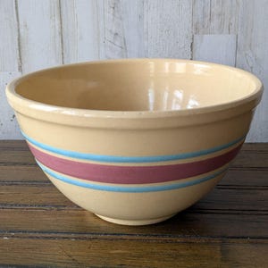Watt 8&quot; Rose & Blue Banded Stoneware Bowl, Ovenware USA, Vintage Mixing Bowl with Stripes, 1940&#39;s - 50&#39;s