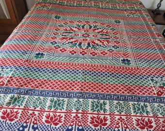 Antique Woven Coverlet, Green, Red, Blue & Ivory Loomed Blanket, Center Flower Square, Beautiful and Vivid Figural Bedding