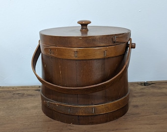 Vintage 7" Wood Firkin, Lidded Sugar Bucket with Handle, Pantry Box Container