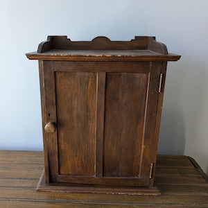 Small Antique Cabinet, One Door Hanging or Standing, 14&quot; Tall, Decorative Top