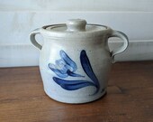 Rowe Pottery Crock with Lid Handles, 6 quot Tall, Cobalt Tulip on Gray, Salt Glazed, Hand Thrown, Vintage 1987, Potter Craig Kitzman