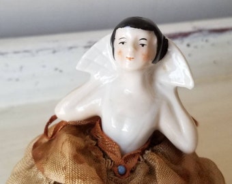 Antique Pin Cushion Half Doll, Delicate Porcelain Lady with Fan