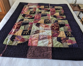 Velveteen Crazy Quilt with Embroidery, Beautiful Handmade Small Quilted Blanket, Wheat Stalks Lap Quilt, Wall Hanging, Antique