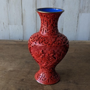 Vintage Chinese Red Vase, Blue Enamel Interior, Brass Trim, Decorative Raised Scroll