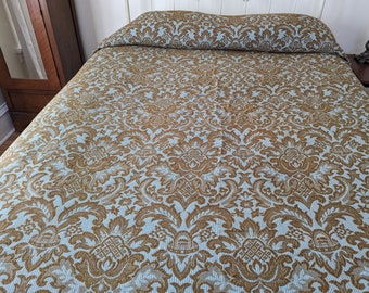 Vintage Bates Blue & Brown Tagged King Size Bedspread, Fringed Bed Covering, Fleur-de-lis Floral, Queen