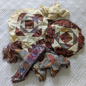 Large Bundle Honeycomb Octagon Quilt Blocks & Cut Fabric Pieces, Quilt Beginnings, Earthy Colors and Beige, Vintage